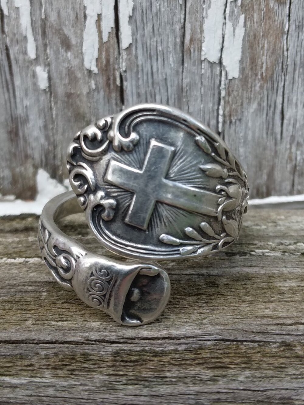 Vintage Sterling Silver Cross Spoon Ring Size 7 - Picture 8 of 12